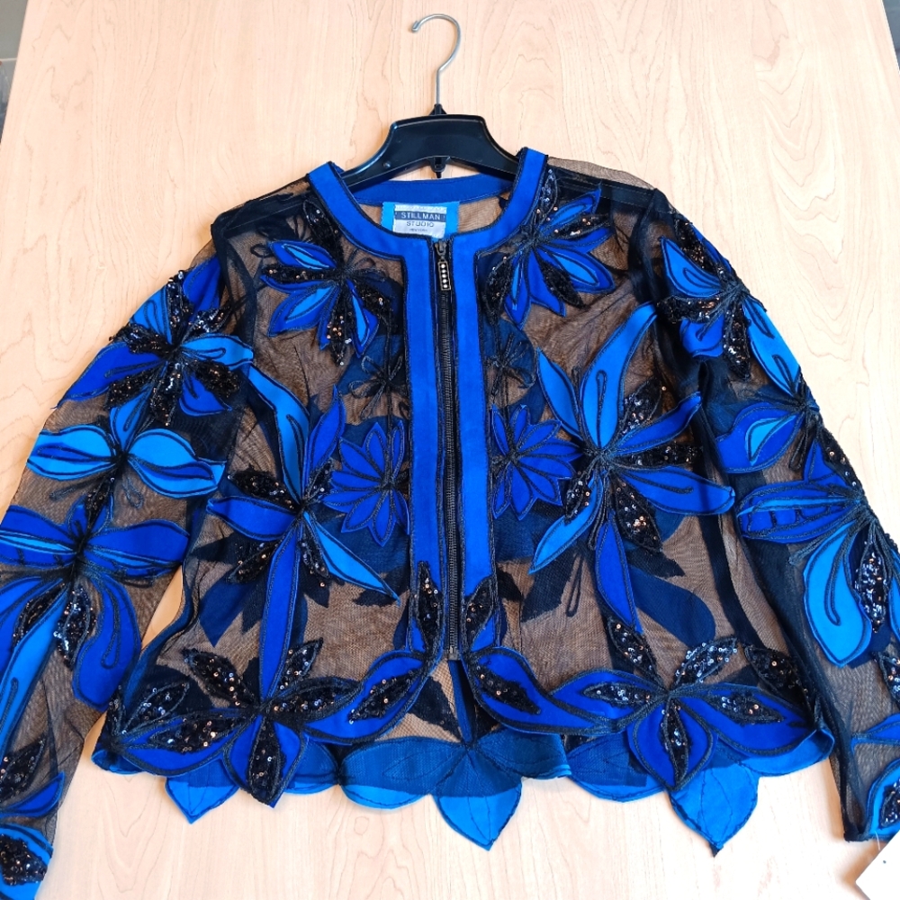 Stillman Studio "L" Womans Two Color Blue Suade and  Tri- Color Squince Jacket.
